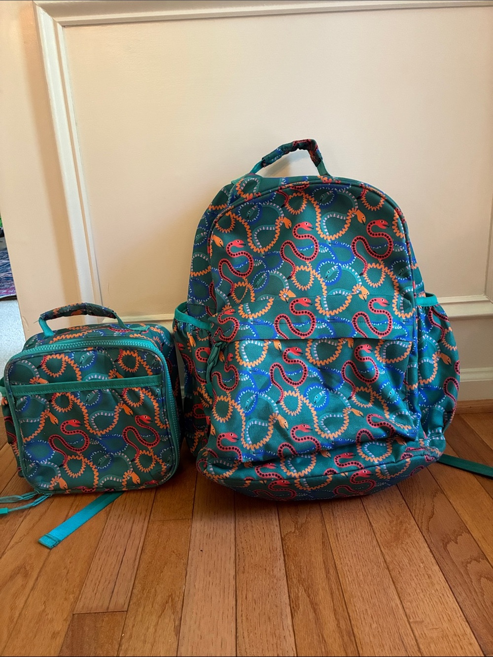 Crate&Barrel Teal w/snakes Backpack and Lunch Bag Set with Coral and Blue Accent